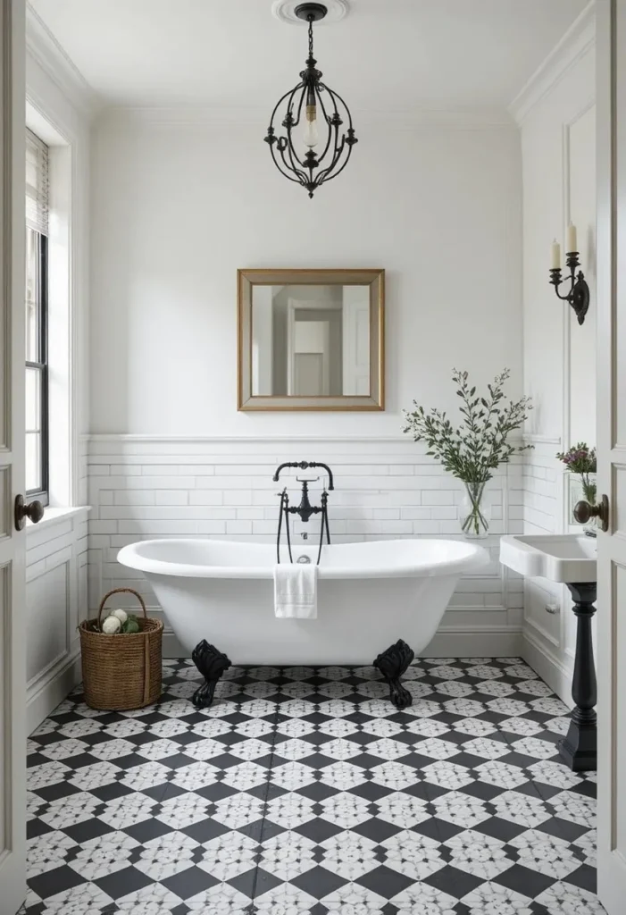Bathroom with black and white checkerboard tile floors