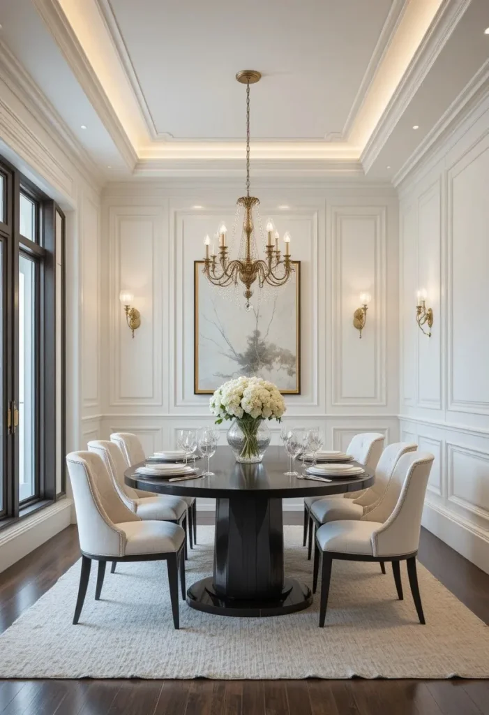 Dining room with decorative wall molding and modern elegant style.