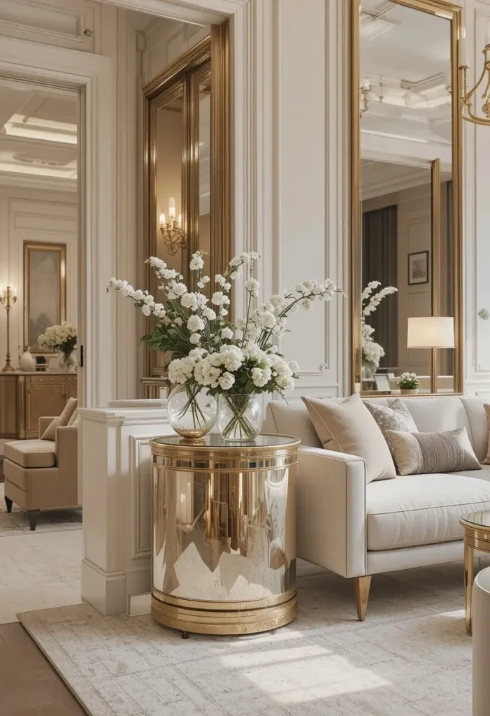 Mirrored side table in an elegant living room