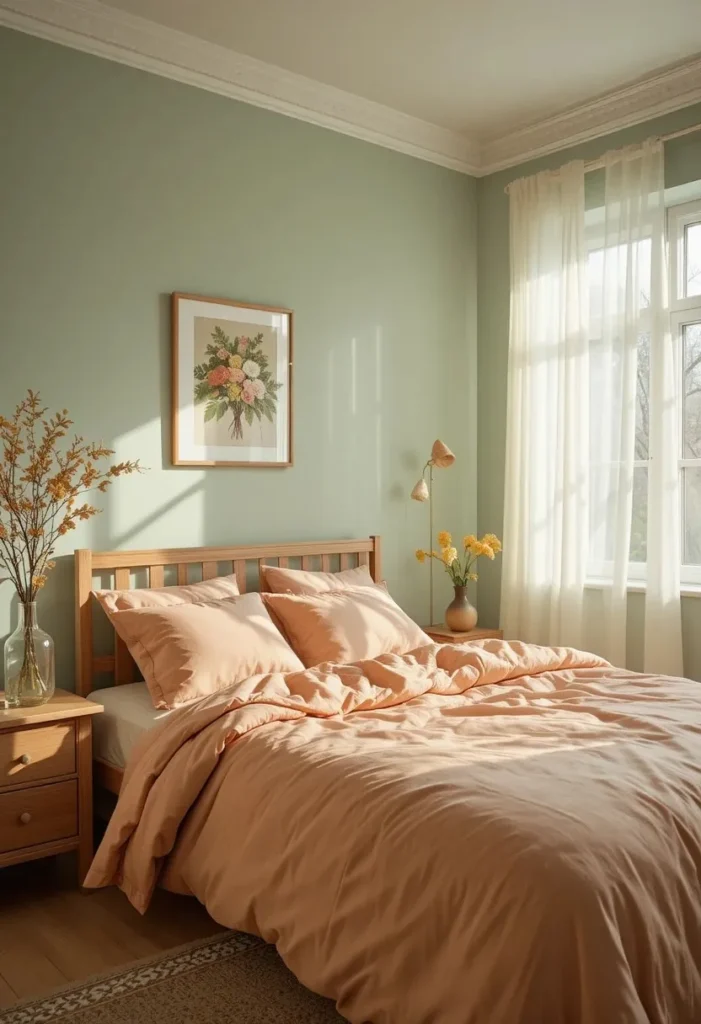 Soft sage green and peach-orange bedroom with calm minimalist decor