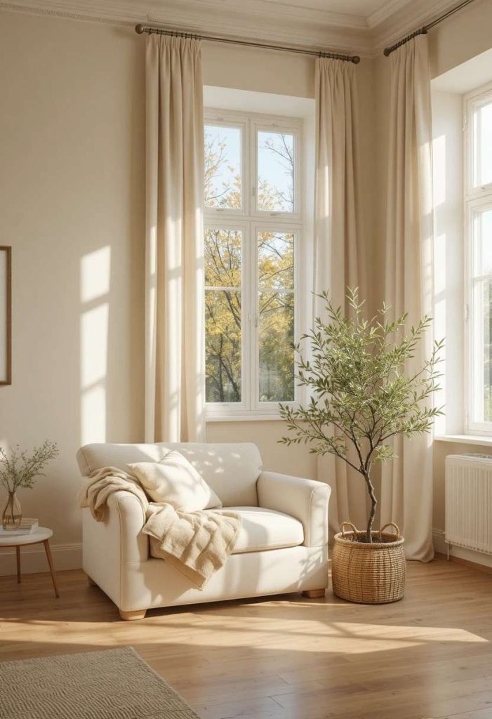  Scandinavian living room painted in warm white with oak flooring, linen sofa, and natural daylight from tall windows.
