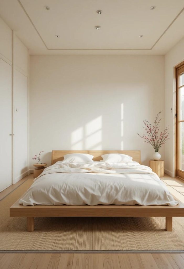 Japandi bedroom in soft warm white with a low oak platform bed, linen bedding, and morning light through a shoji screen.