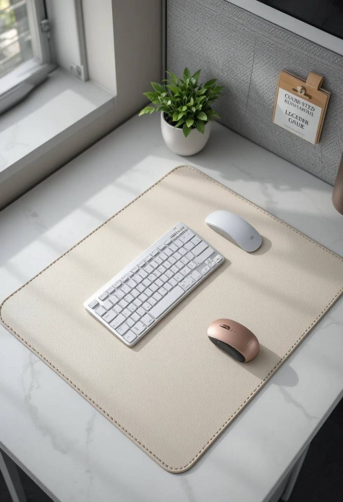 Cream vegan leather desk mat with stitched edges covering a cubicle desk with a wireless keyboard and rose gold mouse placed on top