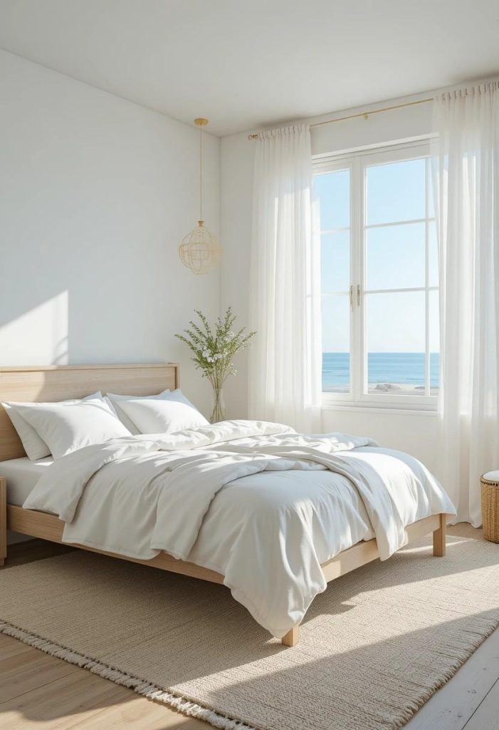 Coastal bedroom in soft white with linen bedding, sheer curtains, and bright natural light from a large window.