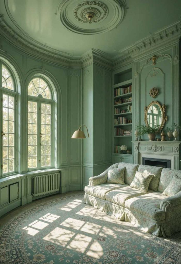 Living room color drenched in mossy sage green with vintage floral sofa and brass arc floor lamp.