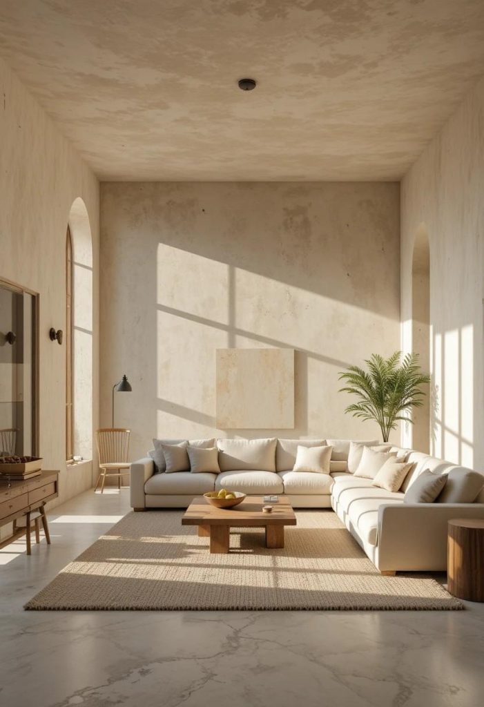 Tuscan living room with lime-washed cream walls, oversized linen sofa, and warm afternoon sunlight.