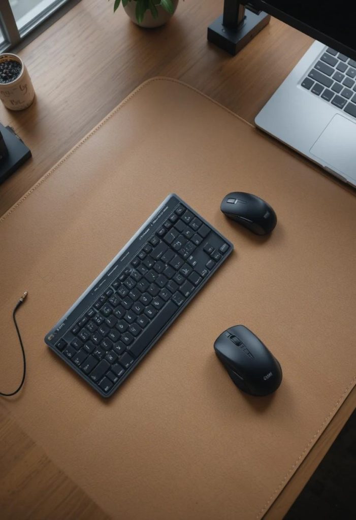 Oat colored vegan leather desk mat with stitched edges covering a corporate office desk with a keyboard, mouse, and closed laptop
