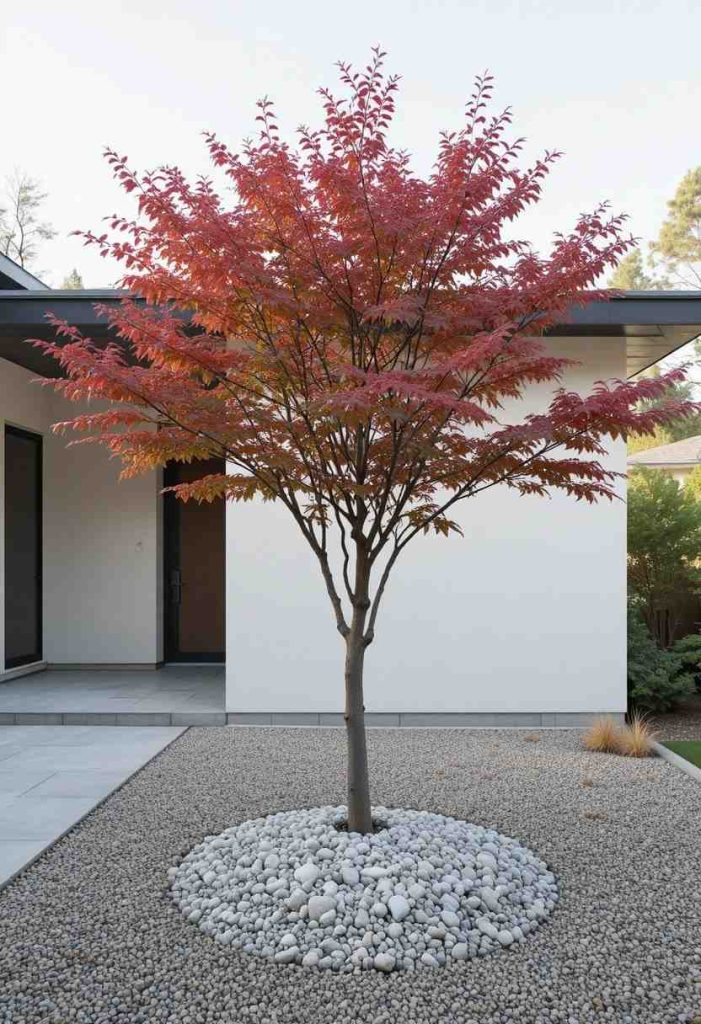 Minimalist front yard featuring a single Japanese maple tree as the focal point