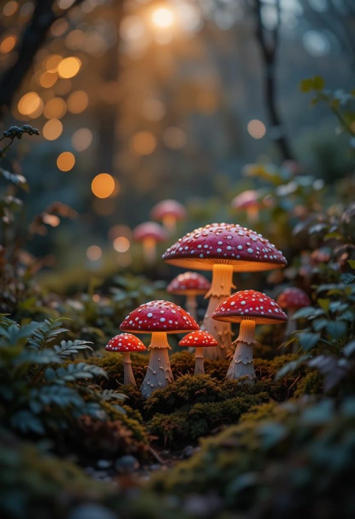 Cluster of glowing red and white mushroom solar lights nestled among ferns in a whimsical garden at twilight