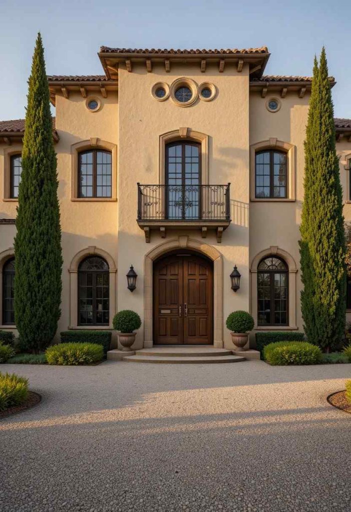 Two-story Tuscan villa with warm cream stucco walls, terracotta barrel tile roof, arched wooden door, iron window grills, and cypress trees at golden hour.