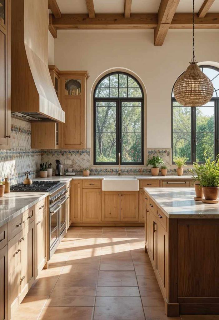  New Tuscan kitchen with warm white oak cabinets, travertine countertops, hand-painted tile backsplash, reclaimed wood island, brass faucet, and terracotta floors.