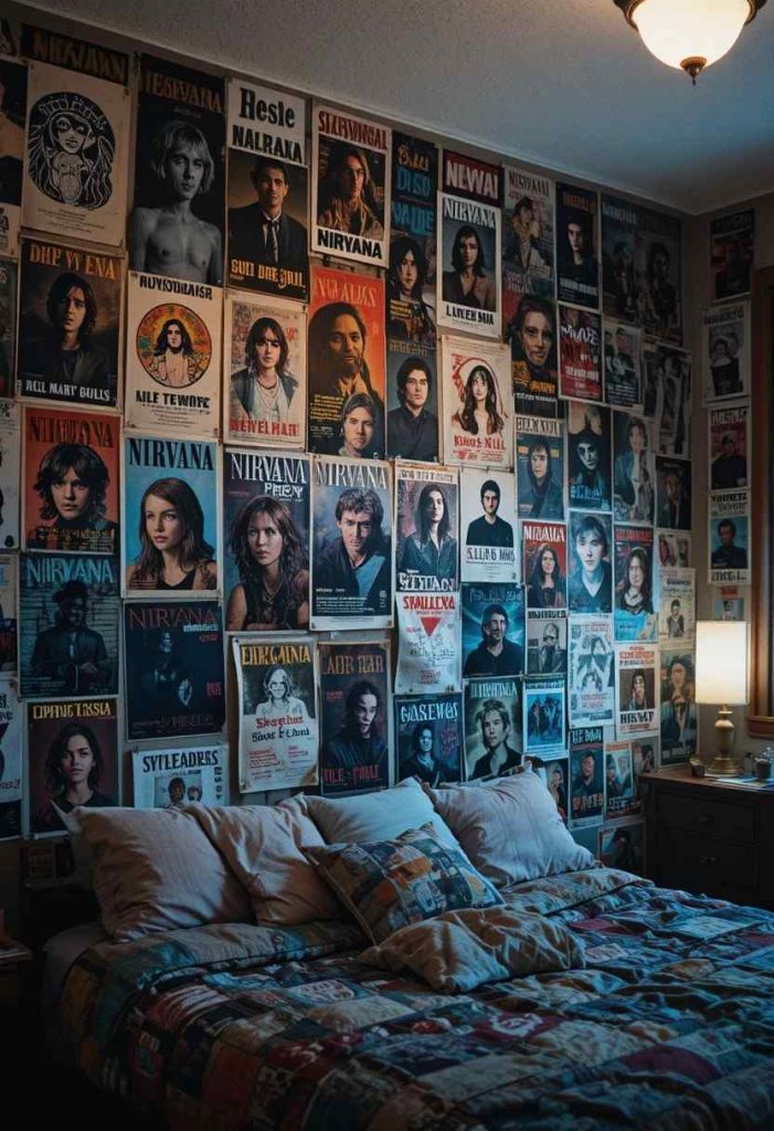 Bedroom wall fully covered in overlapping 90s grunge band posters taped up with masking tape