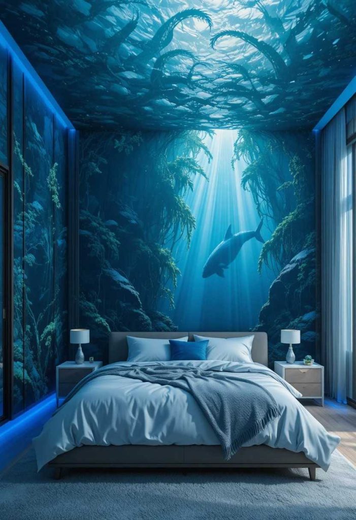 Bedroom with a floor-to-ceiling underwater ocean mural showing kelp forest and sunbeams