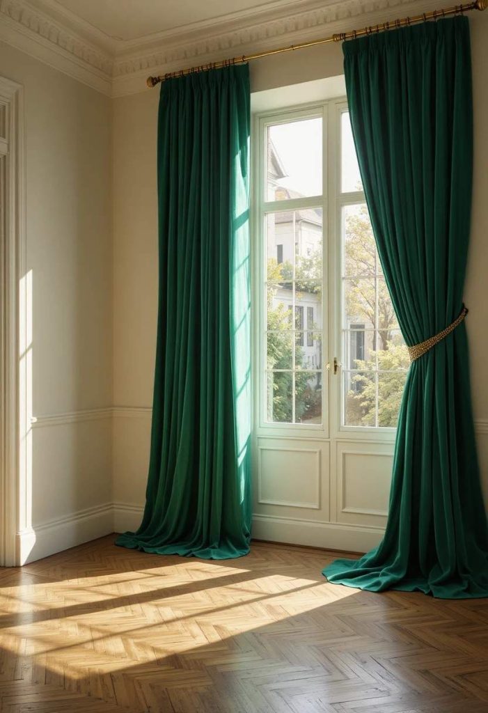 Emerald green velvet floor-to-ceiling curtains in a bright living room with brass hardware and hardwood floors