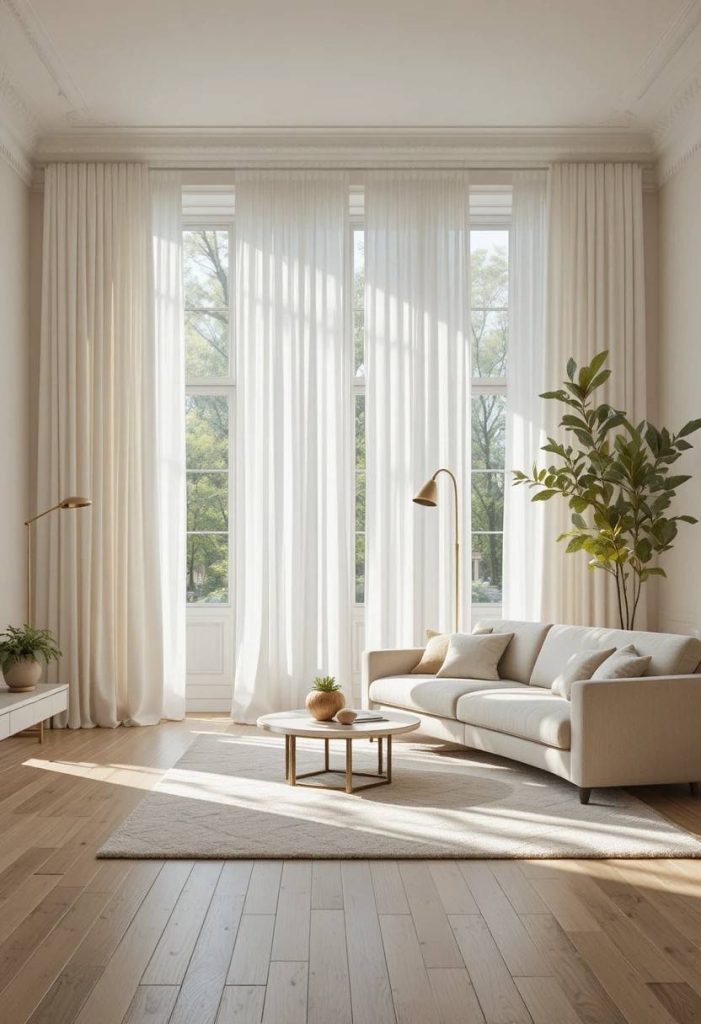 Floor-to-ceiling white linen curtains in a bright Scandinavian living room with oak floors and brass curtain rod