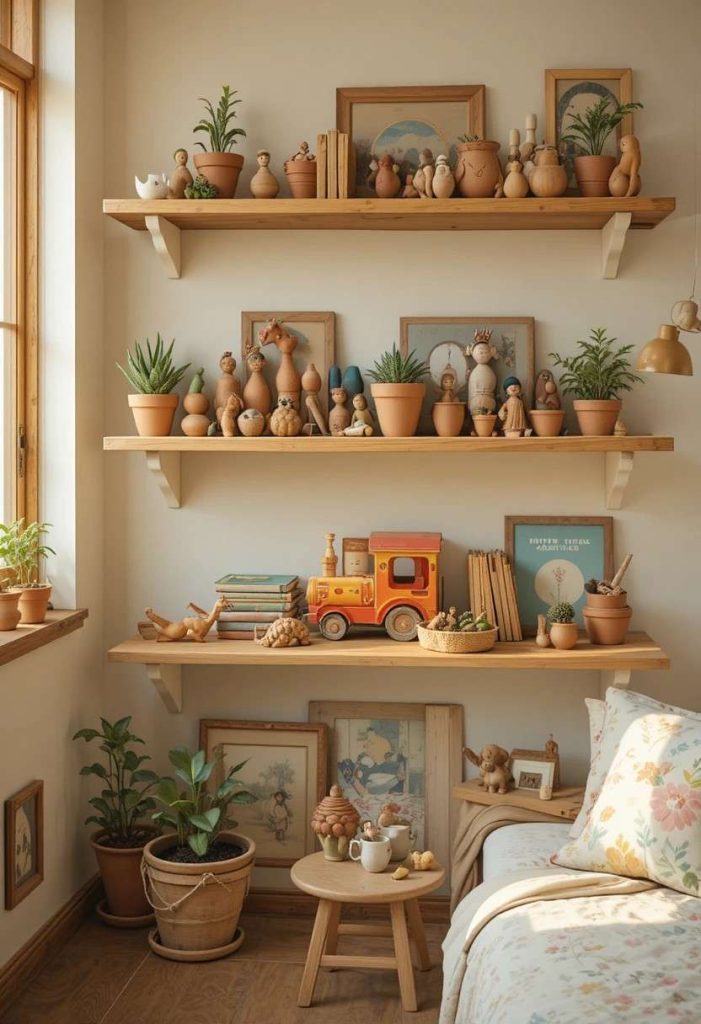 Open wooden shelves displaying a curated collection of vintage wooden toys and illustrated children's books in a warm vintage kids room