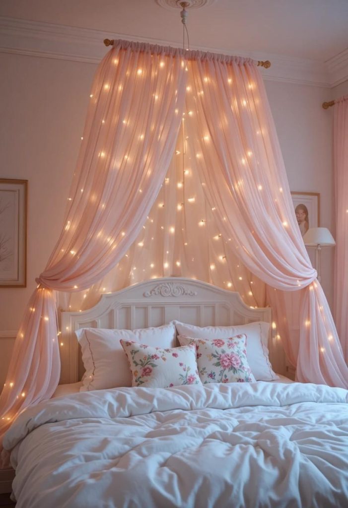 DIY fairy light canopy over kids bed with warm glowing lights through billowing blush pink tulle in a magical whimsical bedroom