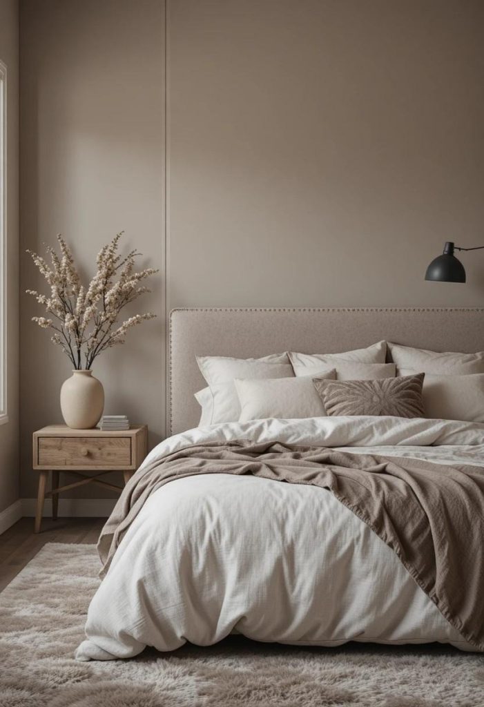 Taupe bedroom with layered tones of mushroom, greige, latte, and smoky taupe textiles
