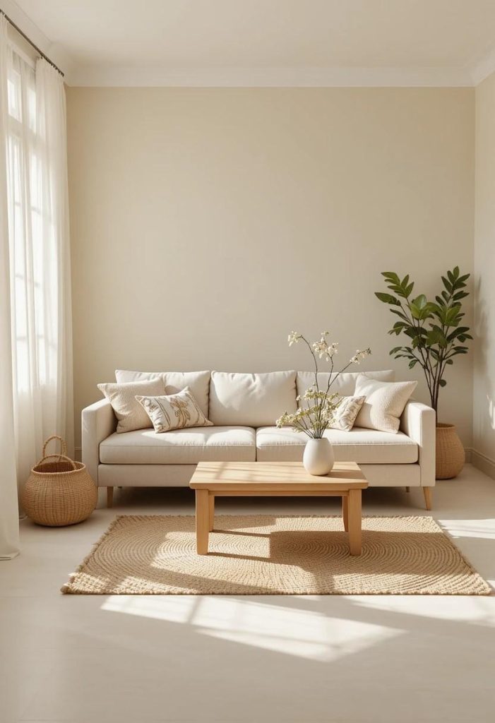 Small living room with warm white walls, beige linen sofa, and natural light creating an airy, spacious feel.