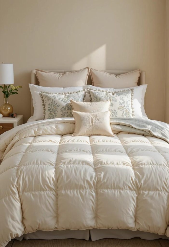 Affordable cream and oatmeal 7-piece comforter set on twin XL college bedroom bed