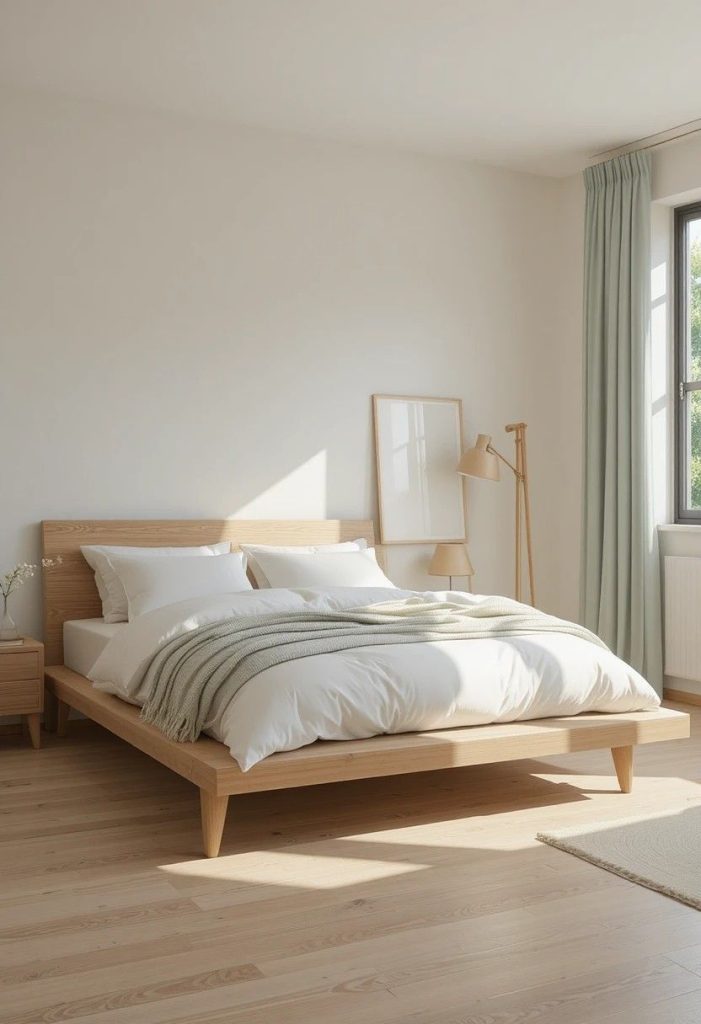 Modern wood platform bed frame in cozy college apartment bedroom