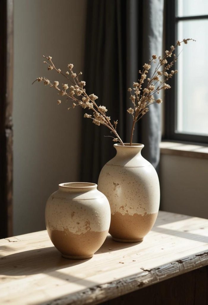 Three hand-thrown stoneware ceramics with wabi-sabi imperfections styled on an oak surface in a Japandi bedroom.
