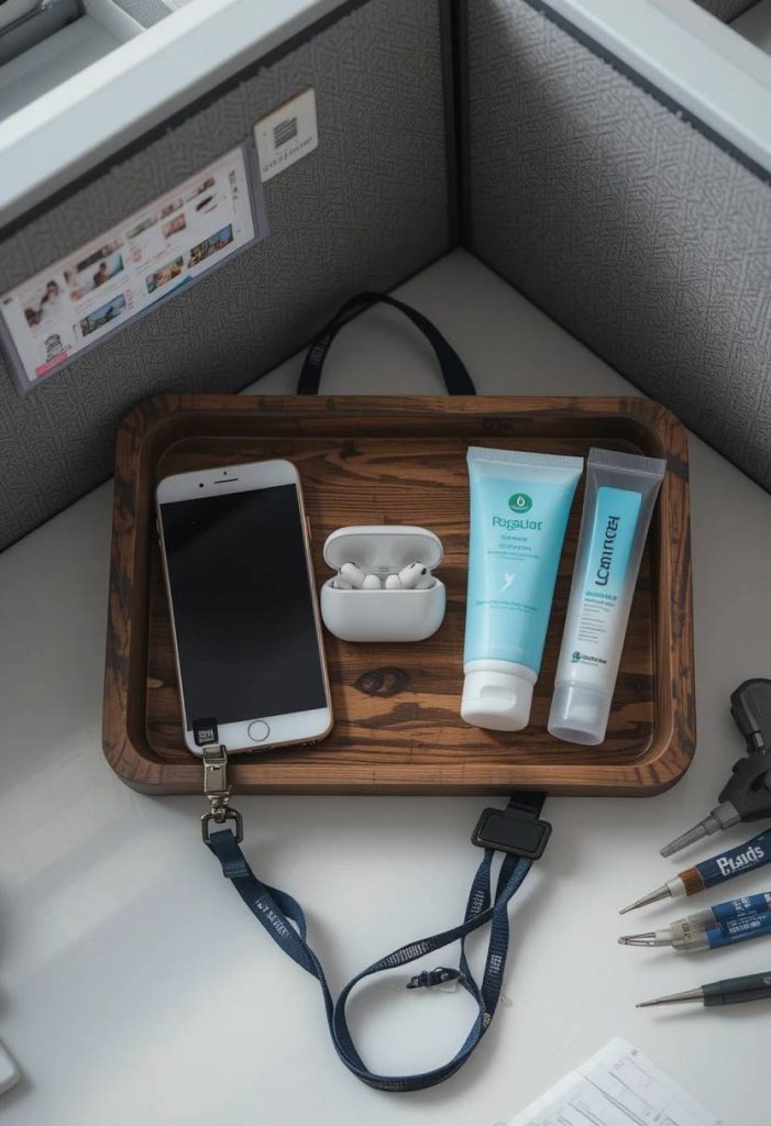 Light oak pegboard mounted on a cubicle wall holding headphones, a flip calendar, a woven basket, and a note clip