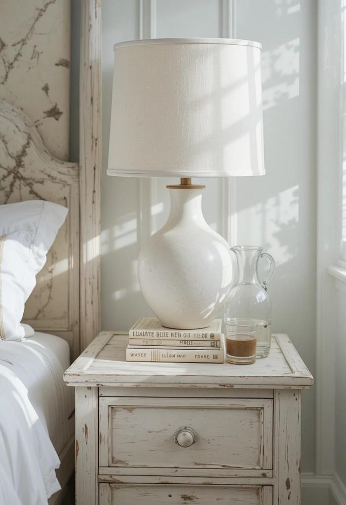Whitewashed wood nightstand styled with a linen-shaded lamp, paperback books, and a water carafe in a coastal bedroom.