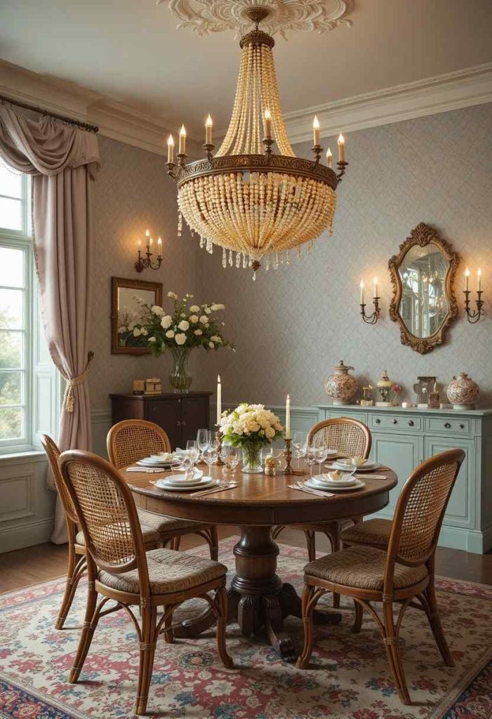 Vintage cream and amber beaded chandelier hanging above a wooden table in a whimsical dining room.