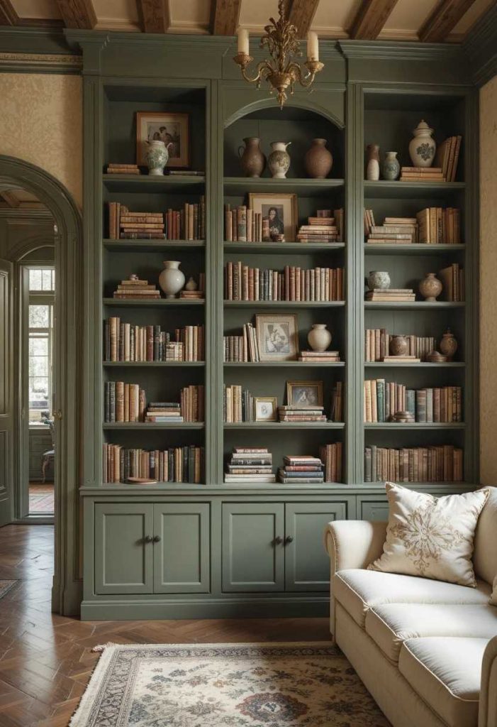 Olive green built-in bookcase filled with vintage books and ceramics in a Tuscan living room with cream sofa.
