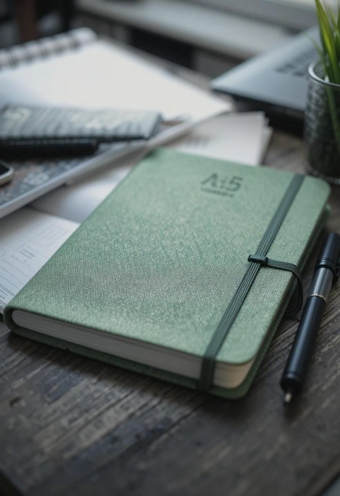 Sage green cloth covered A5 notebook with elastic closure lying open on an office desk beside a matte black gel pen