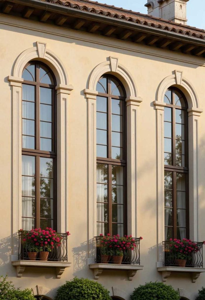 Three arched Tuscan windows with limestone trim, cream stucco walls, Juliet balconies, terracotta pots of geraniums, and a terracotta roof.