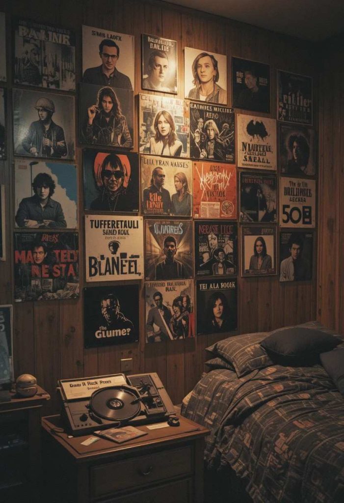Vintage vinyl records and album sleeves mounted on a grunge bedroom wall in a cluster
