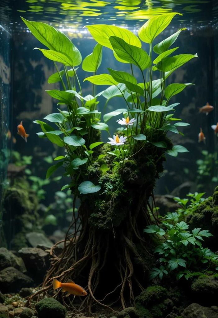 Riparium with emergent pothos and peace lily plants creating a natural riverbank look