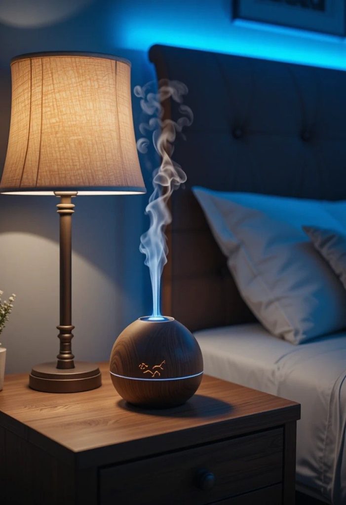 Bedside table with a Bluetooth speaker and essential oil diffuser in an aquatic-themed bedroom