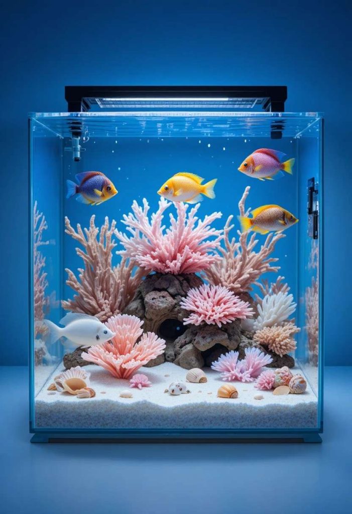 Small tropical beach themed aquarium with white sand, faux coral, shells, and colorful fish