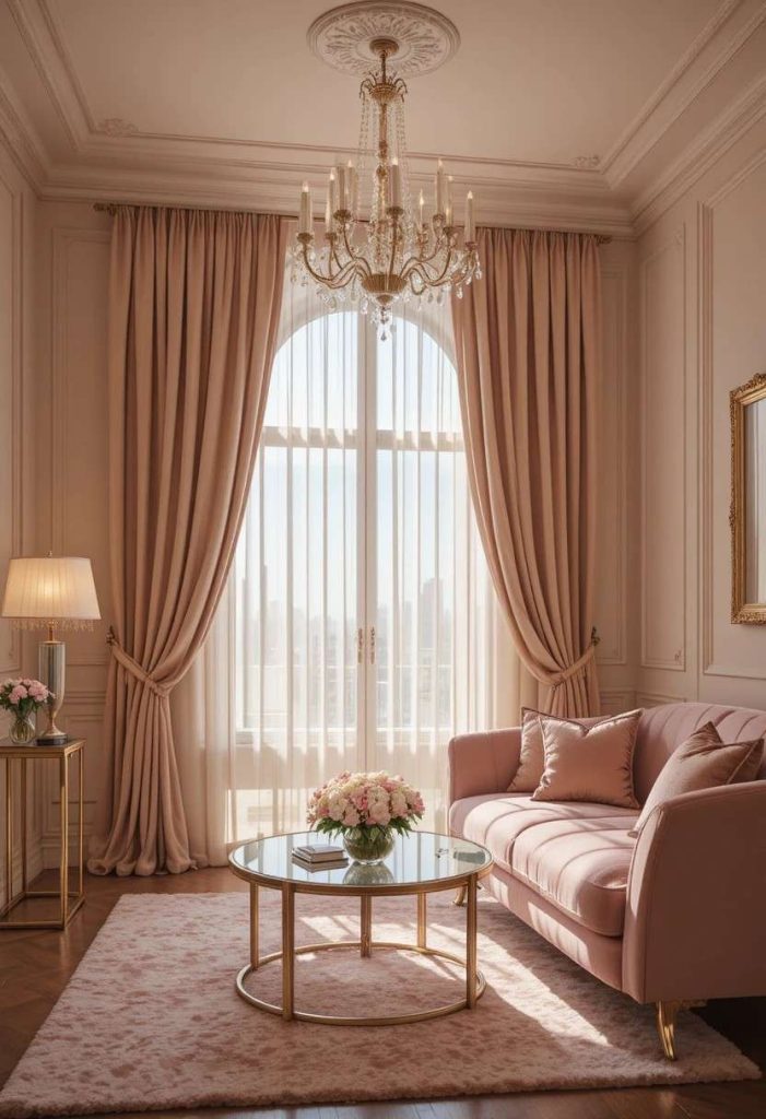 Champagne faux silk floor-length curtains in a glamorous living room with crystal chandelier and velvet sofa