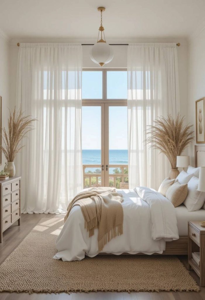 Floor-to-ceiling white sheer curtains billowing in a coastal bedroom with ocean view and driftwood furniture