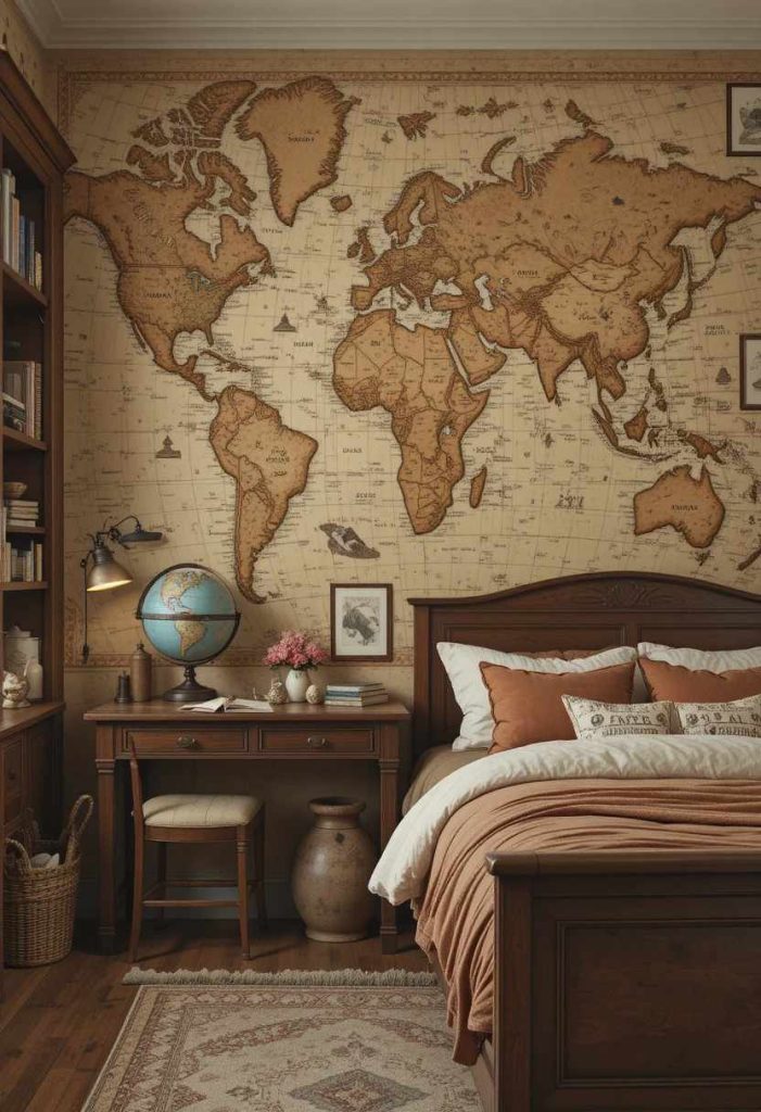 Vintage explorer kids room with large antique world map wallpaper, globe lamp, natural curiosity shelves and natural history prints