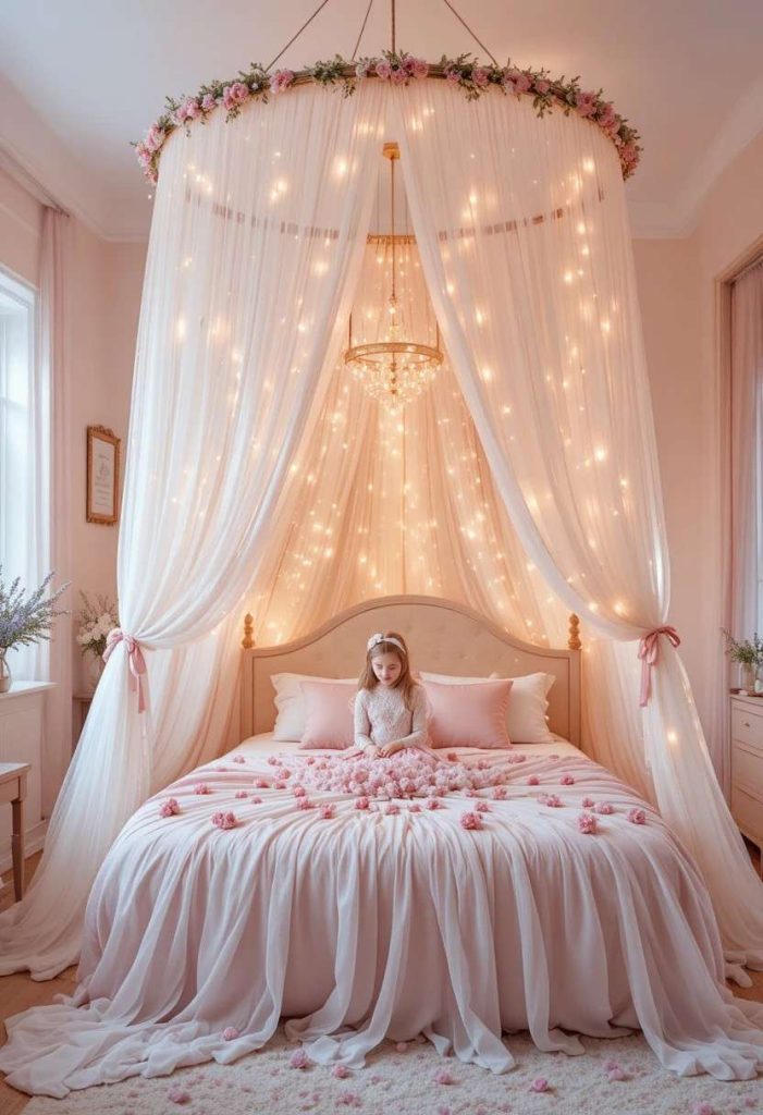 DIY hula hoop canopy with fairy lights, blush tulle and dried flowers creating a dreamy floor-length tent over a kids bed