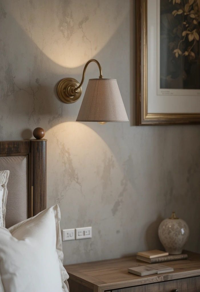 Aged brass wall sconce and framed art above a wooden nightstand in a taupe bedroom