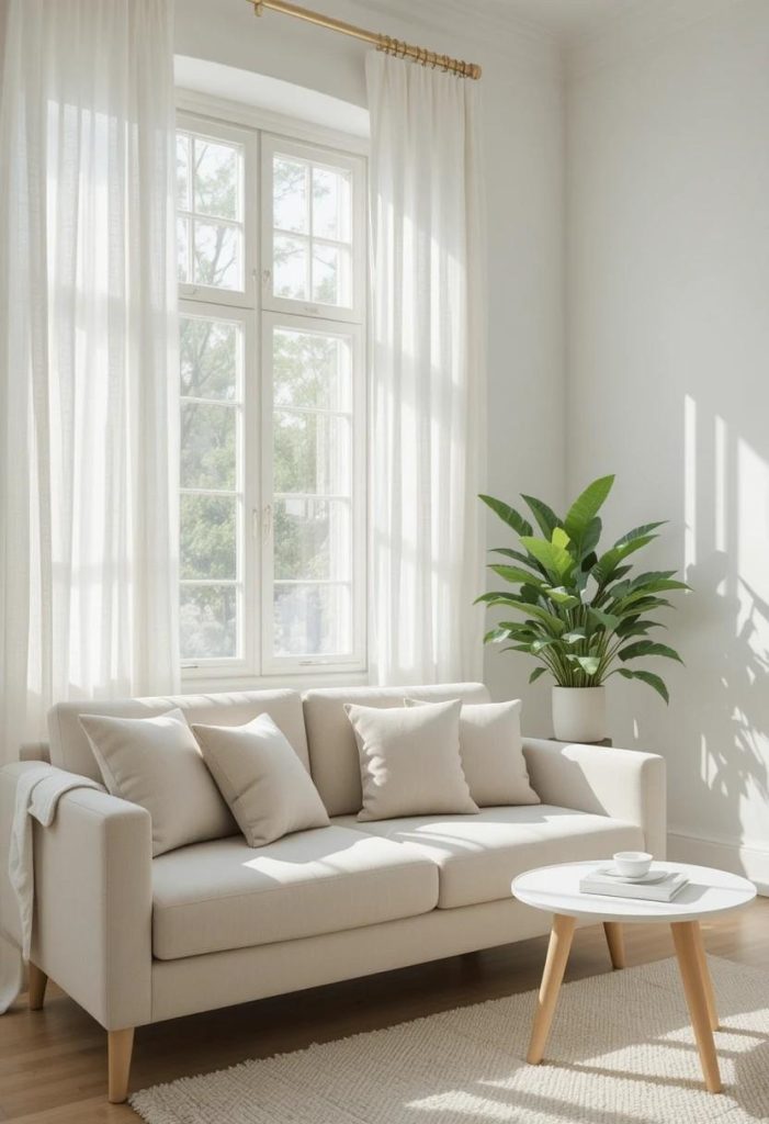 Small living room flooded with natural light through large window with sheer linen curtains.