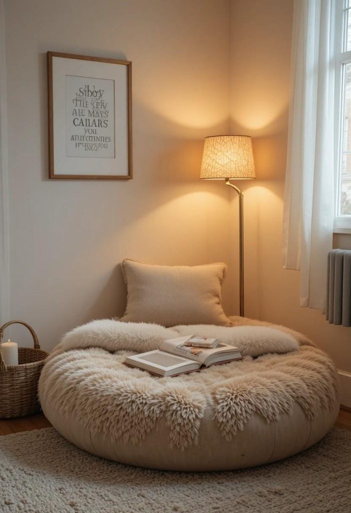 Cozy floor reading nook with oatmeal cushion sheepskin and books in small college bedroom