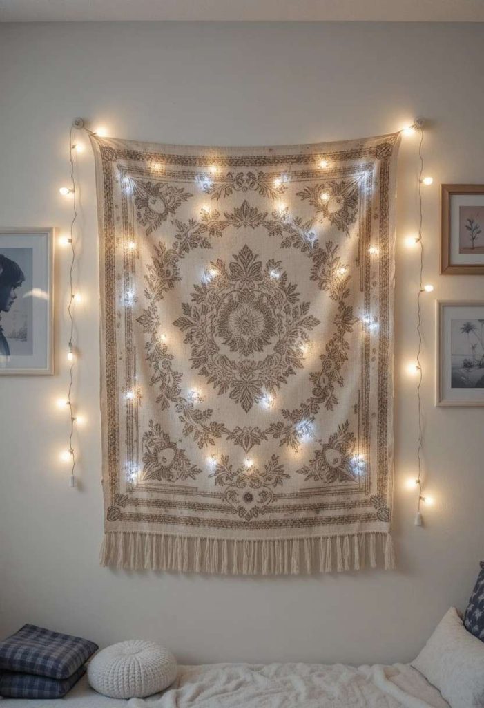 Command hooks holding tapestry string lights and frames in aesthetic budget college bedroom