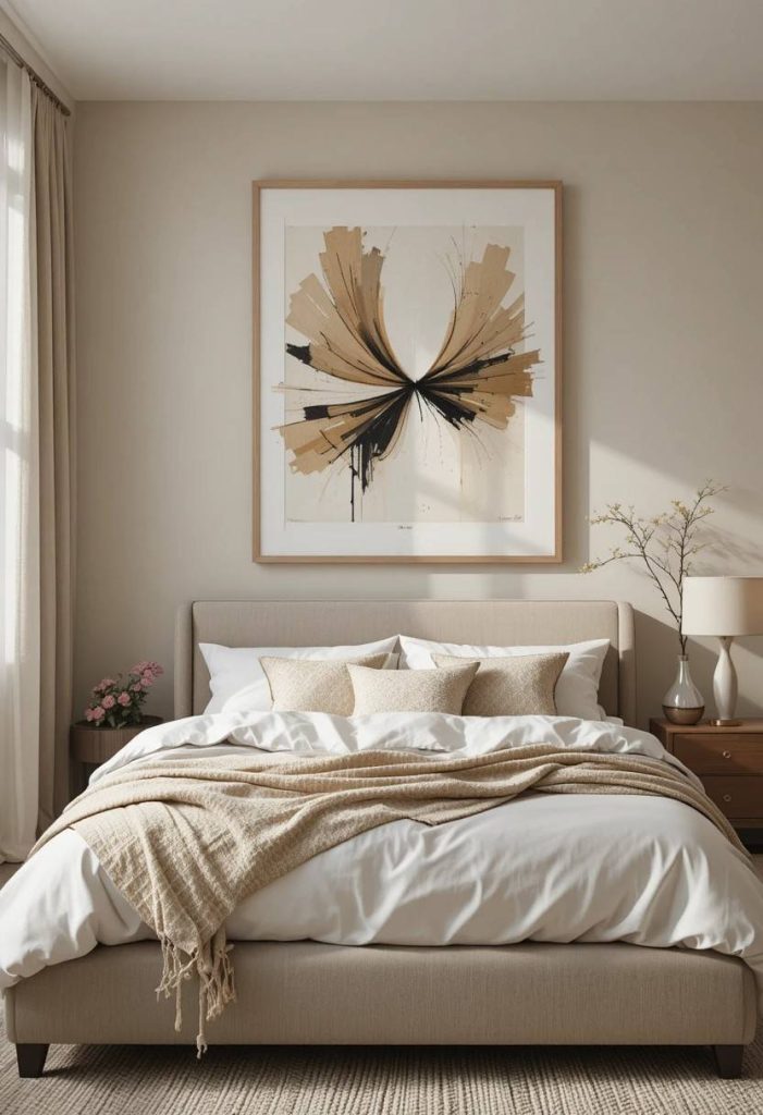 Single oversized framed art print above bed in college apartment bedroom