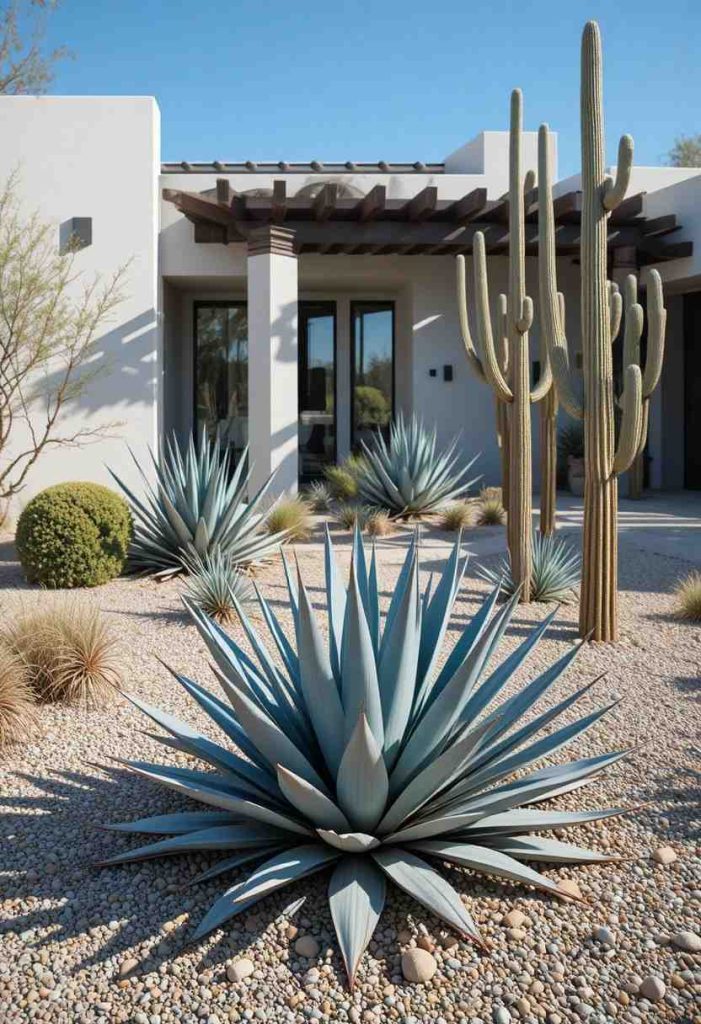 Sculptural agave and yucca plants in a minimalist dry-climate front yard