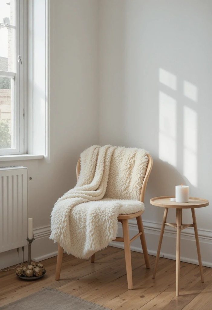 Cream sheepskin throw draped over a wooden chair in a Scandinavian living room corner.