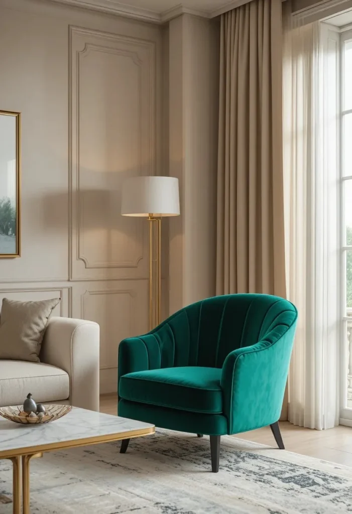 Emerald green velvet accent chair in a cozy luxury living room.
