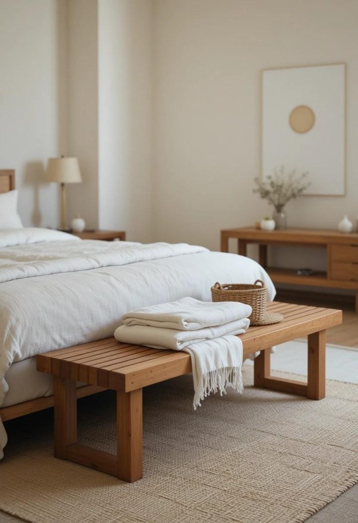 Low slatted oak bench at the foot of a Japandi bed styled with a folded linen throw and woven basket.