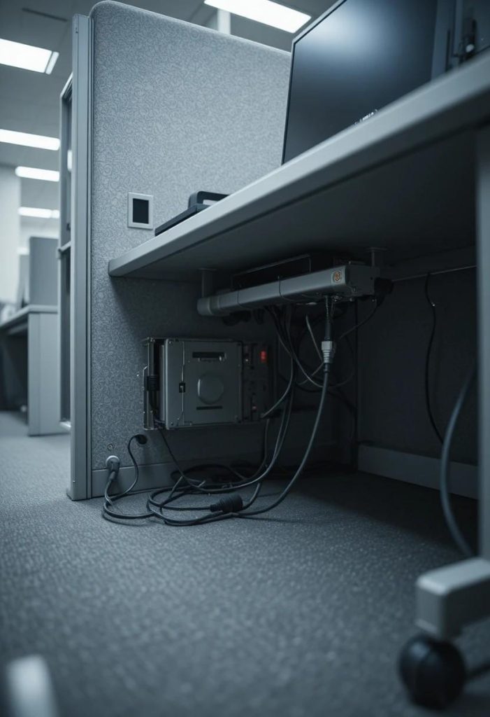 Under desk metal cable tray holding a power strip and bundled cables beneath an office desk